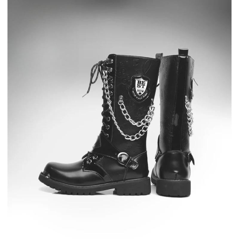 Men's Fashion Motorcycle Boots Mid-calf Breathable Combat Boots Gothic Belt Punk Boots Mens Shoes Hightop Casual Steel Toe Shoes
