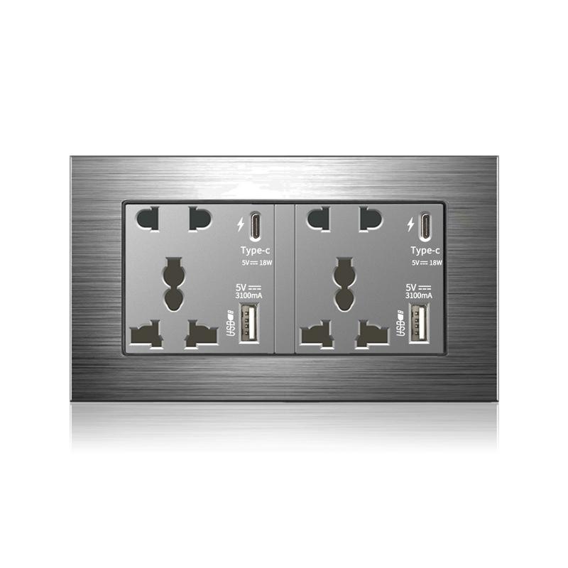 18W Type-C Fast Charging Universal 5-pin Dual Power Socket,Stainless Steel  Electrical Outlet with DC 5V 3.1A Type-c USB Charger