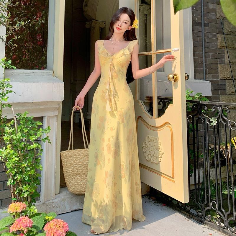 Yellow Printed Suspender Dress Women's Summer French Ruffle Edge Small Flying Sleeve Skirt Waist Temperament Fairy Long Dress