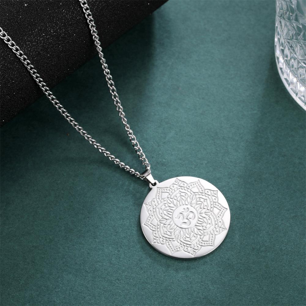 Yoga Lotus Flower of Life OM Symbol Pendant Necklace Stainless Steel Mandala Hindu Buddhist Spiritual Amulet Jewelry 60cm
