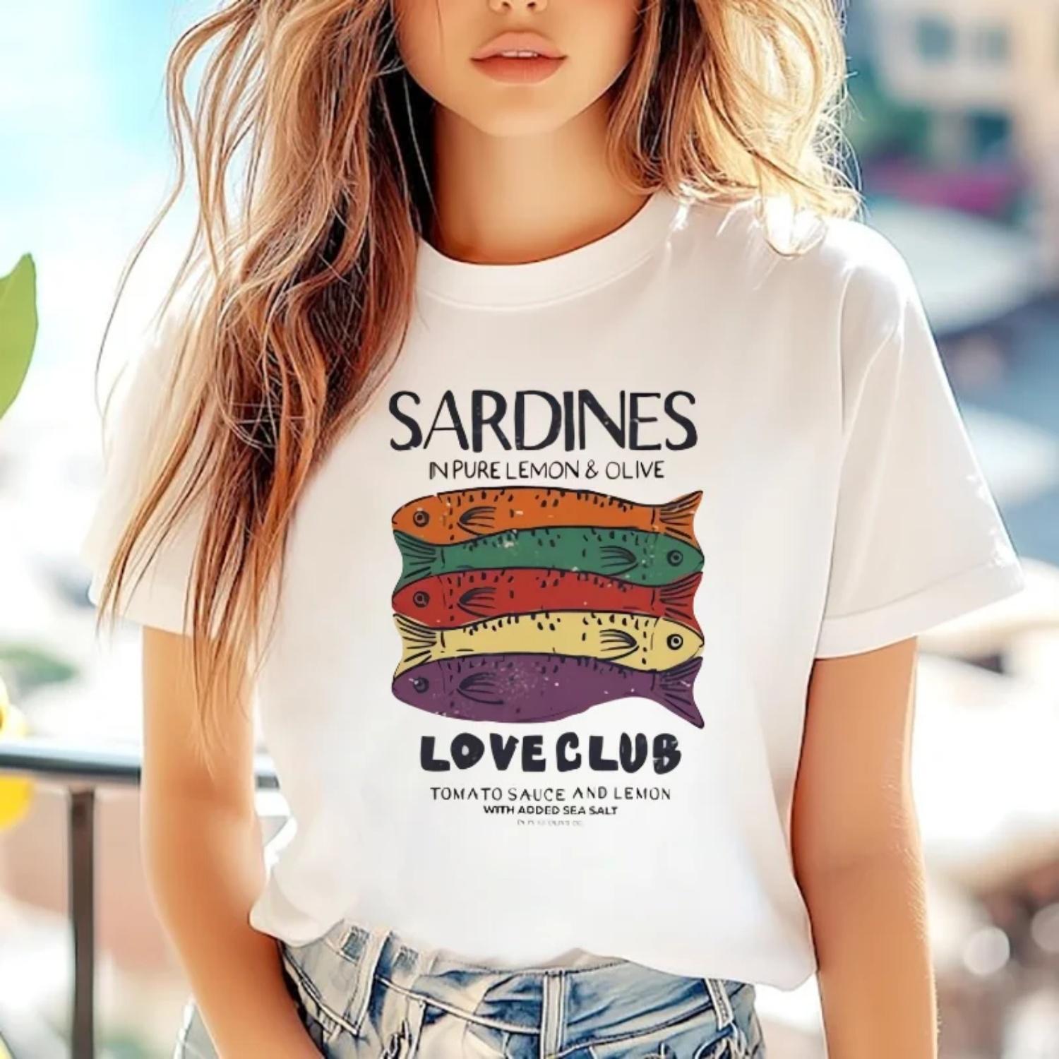 

Colorful Sardine Club Pattern Print Women s Casual Style Basic Cartoon Women s Beach Holiday Summer Short Sleeve White Top T-Shi XXXXXL білий