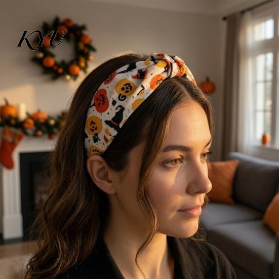 Non Slip Hair Hoop for Girls Halloween Headbands Women Girls, Wide Knotted Headband with Witch Spider Web Ghost Pumpkin, Accessories Party Cosplay,