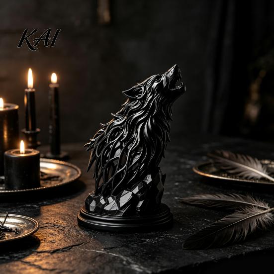 Geometric Wolf Figurine Howl Sculpture, Gothic Wildlife Home Decor, Howling Statue Industrial Style Desk Decor with Rock Base, Rustic Animal