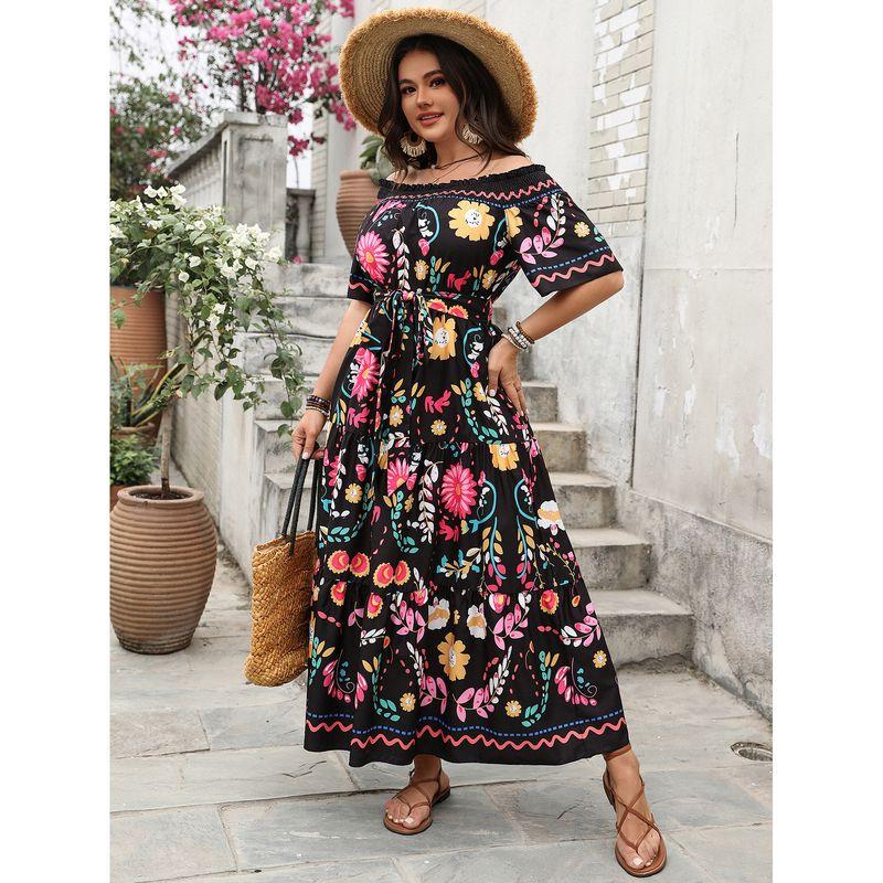 

Spring and Summer Women s Clothing Fashion Long Dress Elegant Printing Color Contrast off-Neck Short Sleeve Dress Black 1XL
