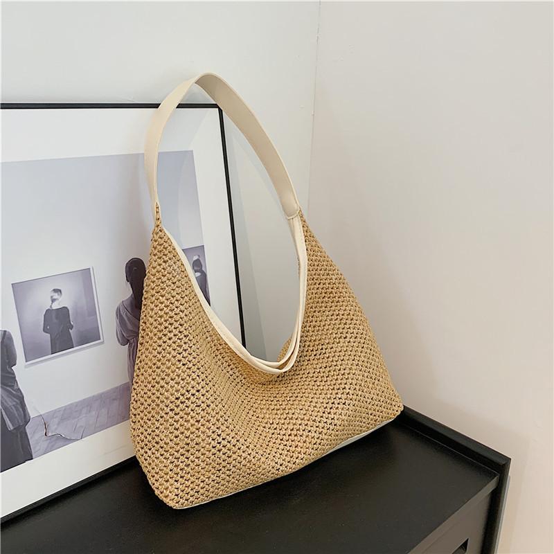 Straw Bucket Bag for Women Handwoven Woven Shoulder Bag Casual Underarm Tote Large Capacity Solid Color for Vacation and Daily Use