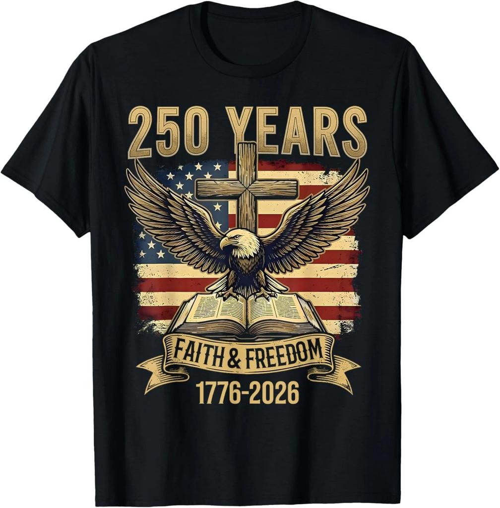 Retro Eagle Faith Freedom 250 Years Christian Cross US Flag T-Shirt