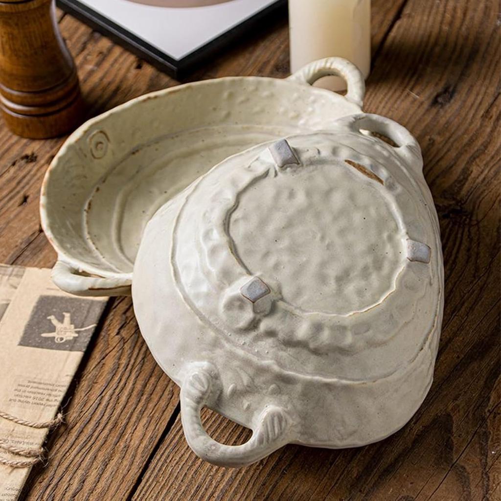Free-Form Edge Ceramic Bowl with Handles, Retro Distressed Style Glazed for Fruit Bowl,Salad Bowl,Table Centerpiece Decor