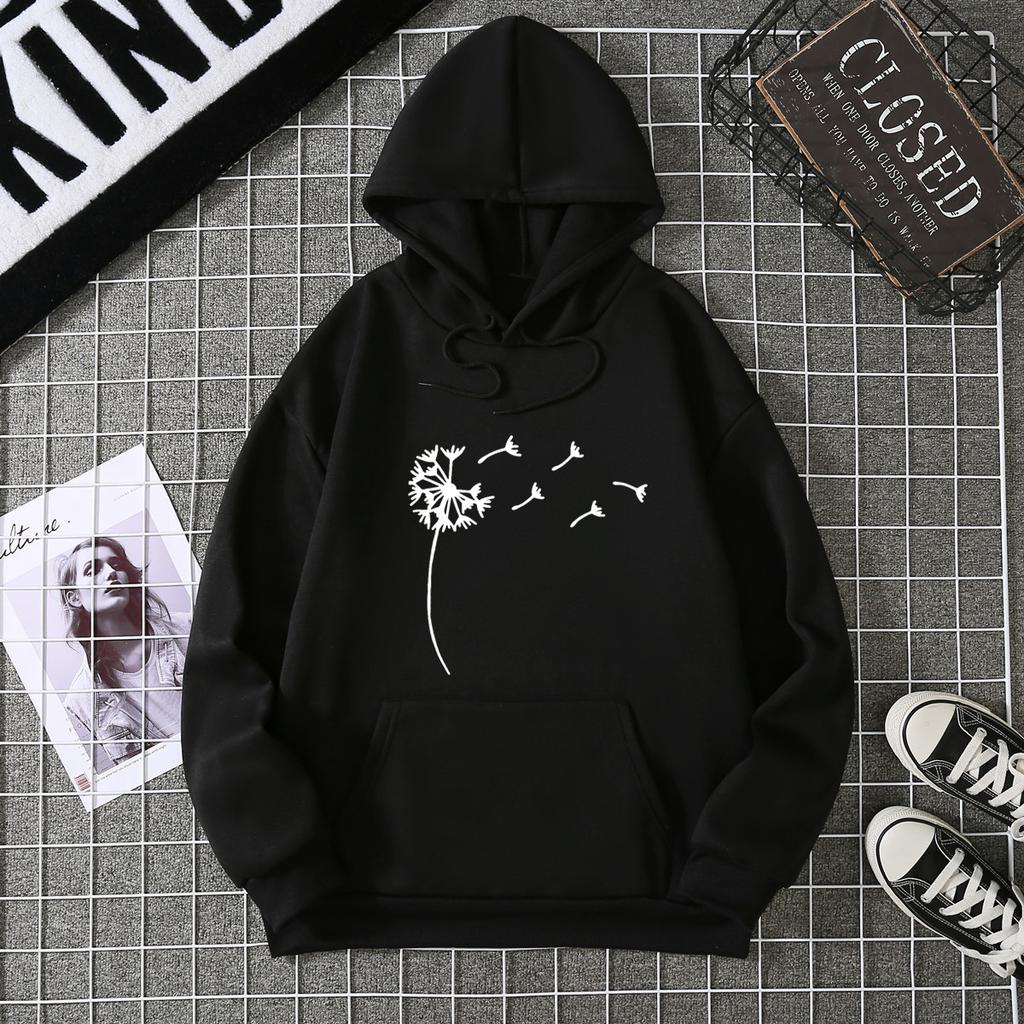 Women's Fleece Sweater Plant Print Kangaroo Pocket Drawstring Print Hoodie