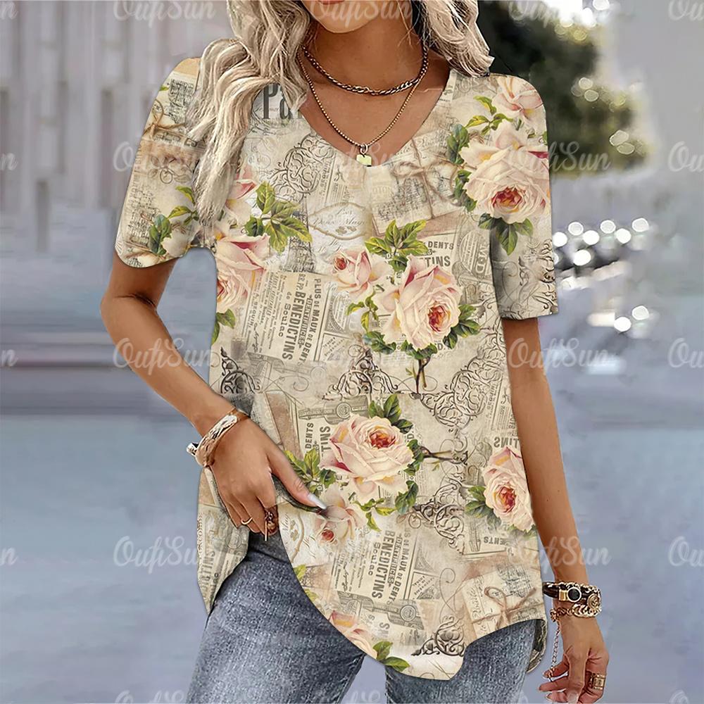 

Floral Print T-shirt For Women Summer V-neck Pullover Tops Female Oversized Short Sleeve Tees Fashion Basic Ladies Clothing 3XL