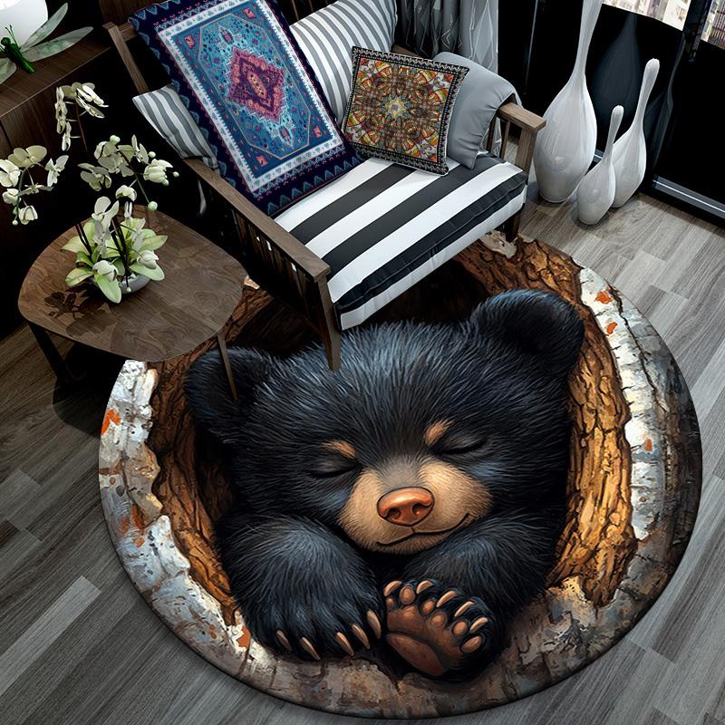 Bear Cub Round Area Rug,Carpet Rug for Living Room Bedroom Sofa Playroom Decor,Non-slip Floor Mat