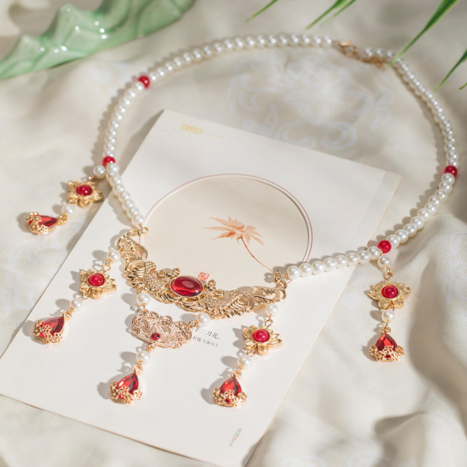

Red Droplet Lotus Necklace Chinese Ancient Jade Fringe Pendant with Pearl Beads Vintage Costume Party Jewelry Choker Accessories