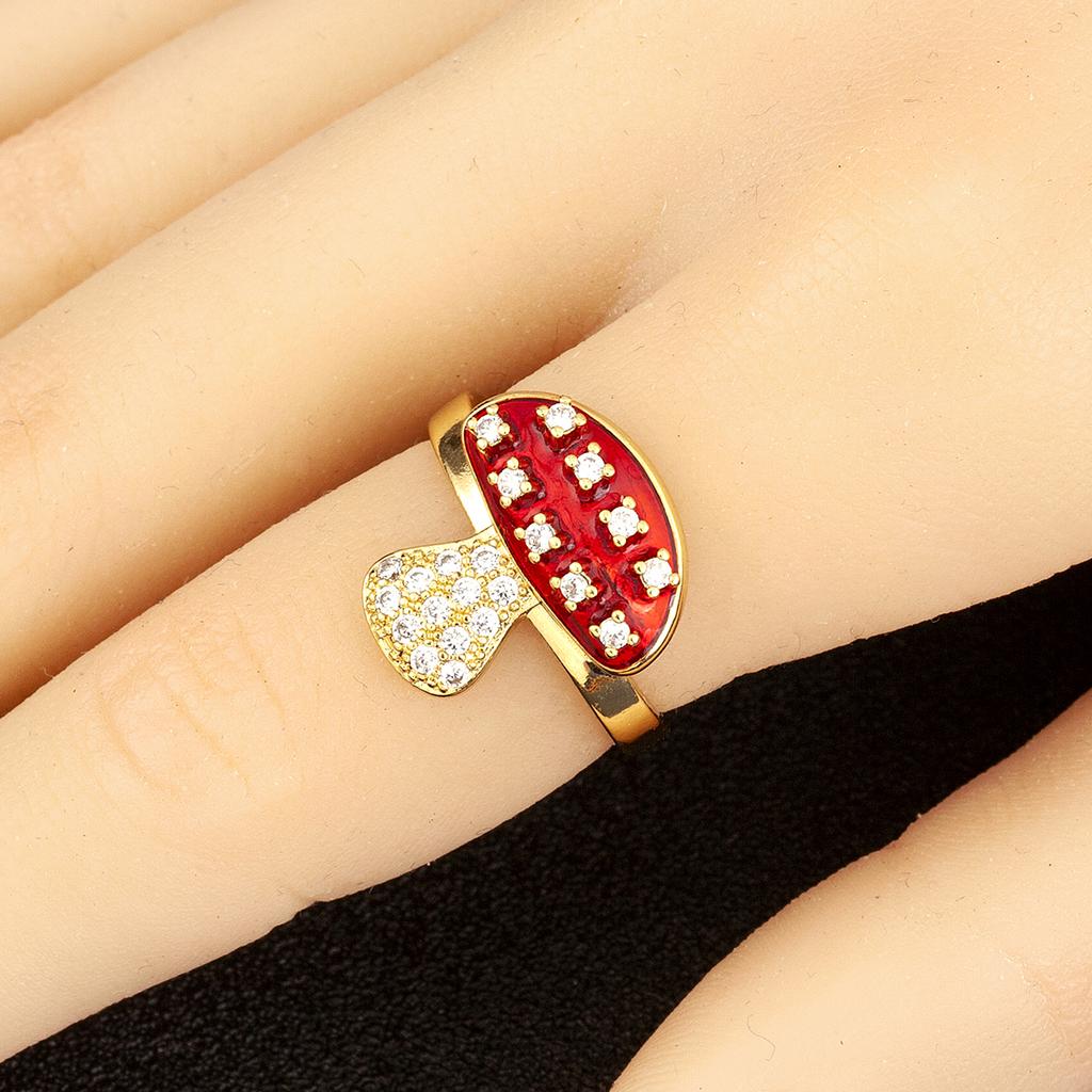 Nidin New Style Mushroom Shape Inlaid Zircon Pearl Enamel Drip Opening Adjustable Rings For Women Girl Cute Sweet Finger Jewelry