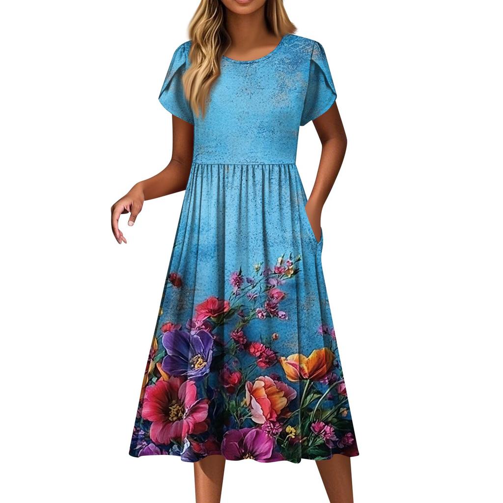 Dámské módní ležérní šaty s volným potiskem s kulatým výstřihem a kapsou s krátkým rukávem