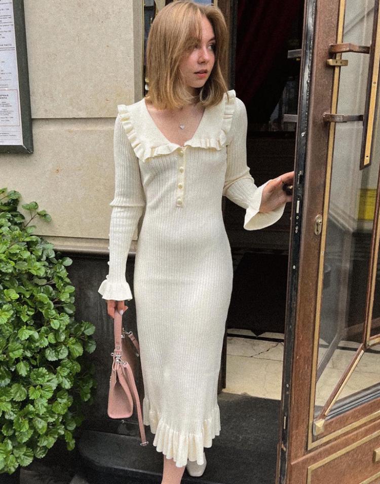 High Waist Ruffled Maxi Dresses For Women Autumn Winter Knitted Slim Long Dress Women's Vintage Dress Woman Retro Elegant