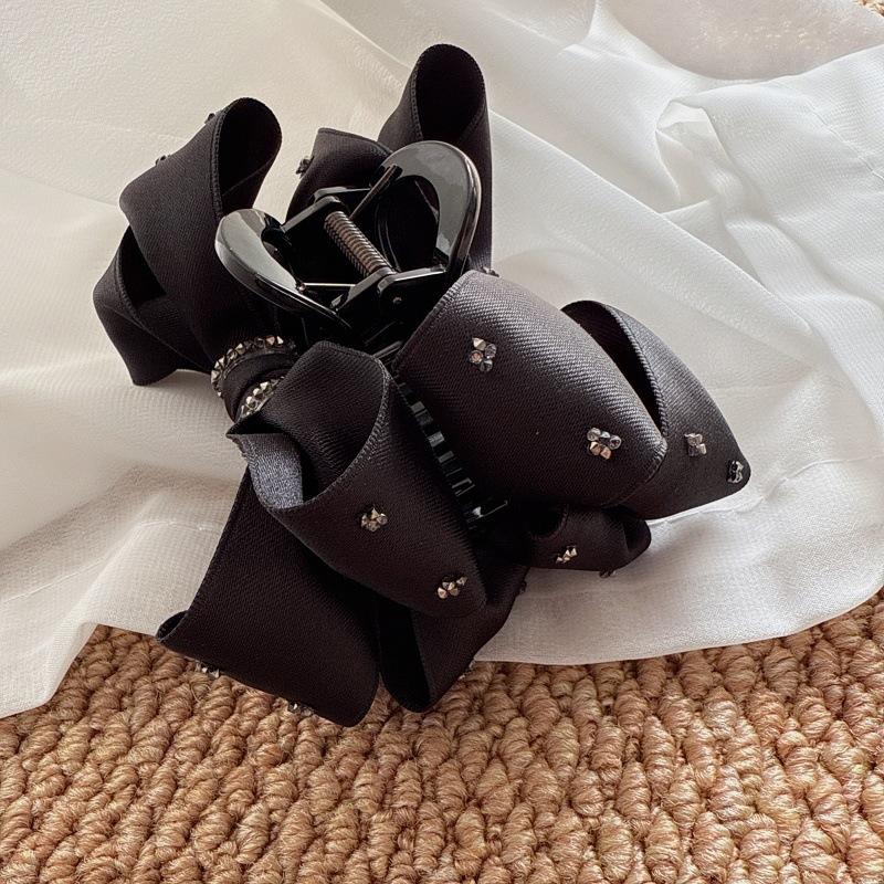 New Style Crystal Rhinestone Black Bow Fabric Claw Clip with Luxurious Feel for Women