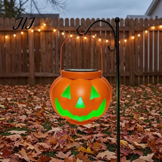 Weather Resistant Patio Lanterns Halloween Pumpkin Solar Lantern, Waterproof Outdoor Hanging Light, Orange Decorative Resin Lamps Spooky Face Lantern