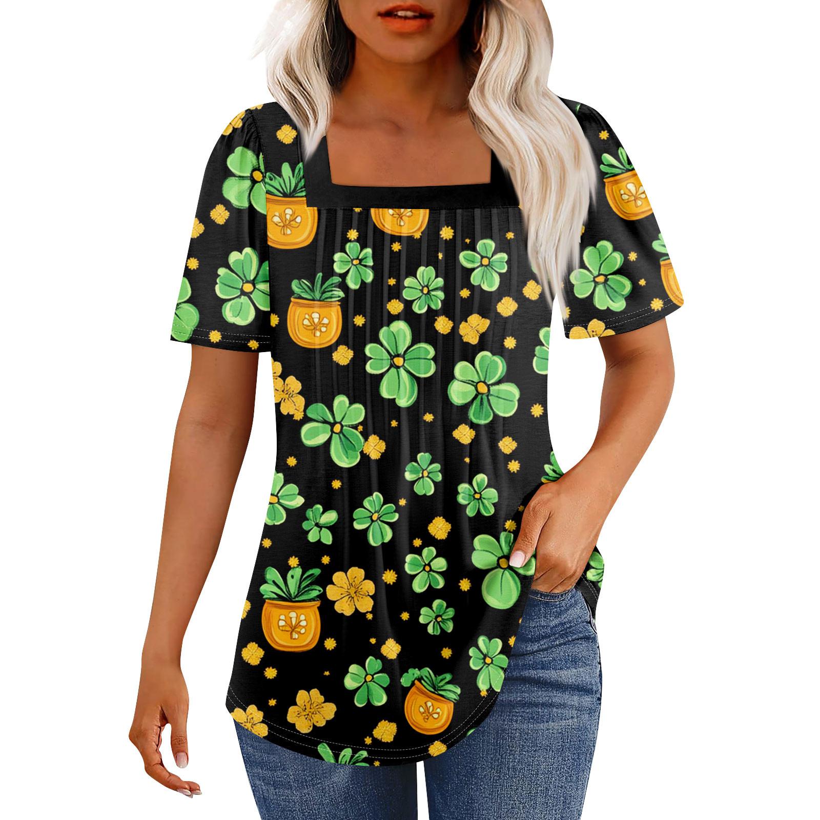 

Жіночі футболки плісировані з квадратним вирізом Одягнені повсякденні блузки St. Літні топи вільного крою з короткими рукавами з принтом до Дня Святого Патрика XL помаранчевий