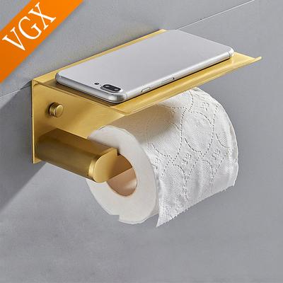 VGX Toilet Paper Holder With Phone Shelf Punch-free Bathroom Roll Tissue Rack Wall Mount Accessories Hardware Matt Black White