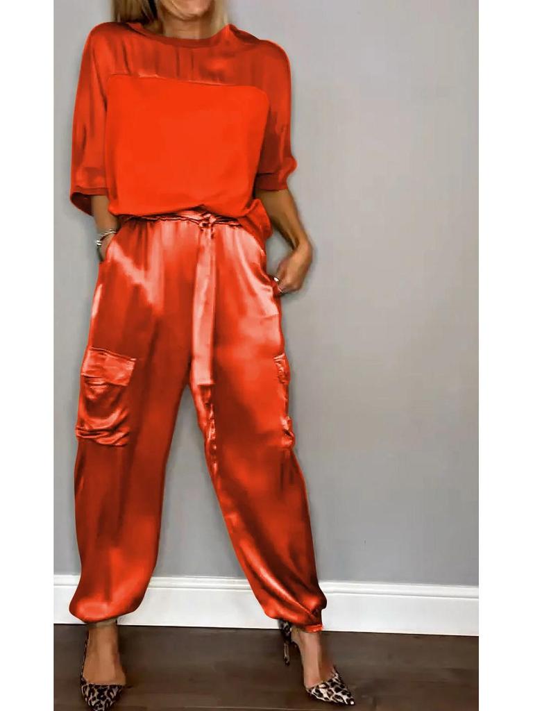 2024 European & American Women's Satin Half-Sleeve Top and Pants Two-Piece Set