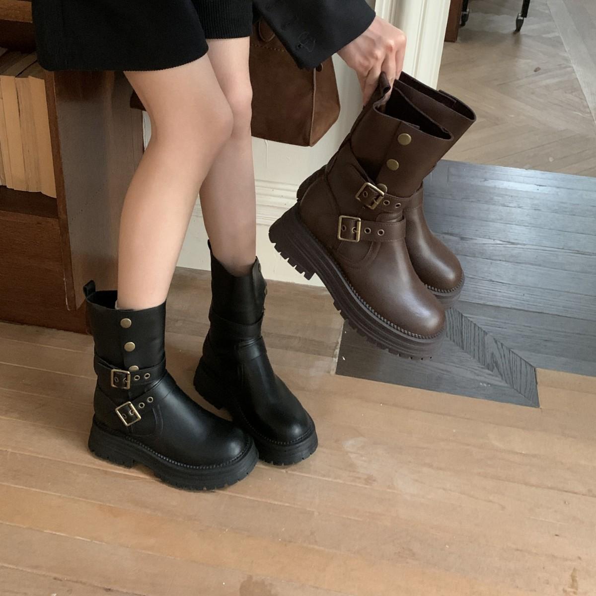 

2025 new round head thick heel belt buckle low tube Martin boots thin fashion western button boots 39 кофейный