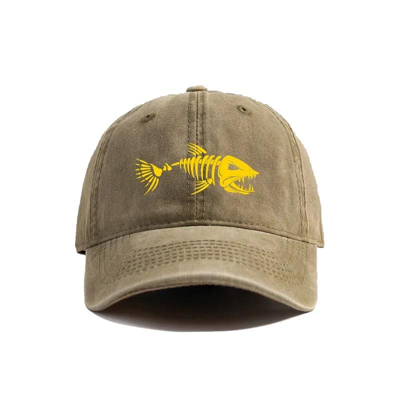 Fishbone Baseball Cap Summer Distressed Dad Hats Men Outdoor Fishing Skeleton Fish Bone Caps