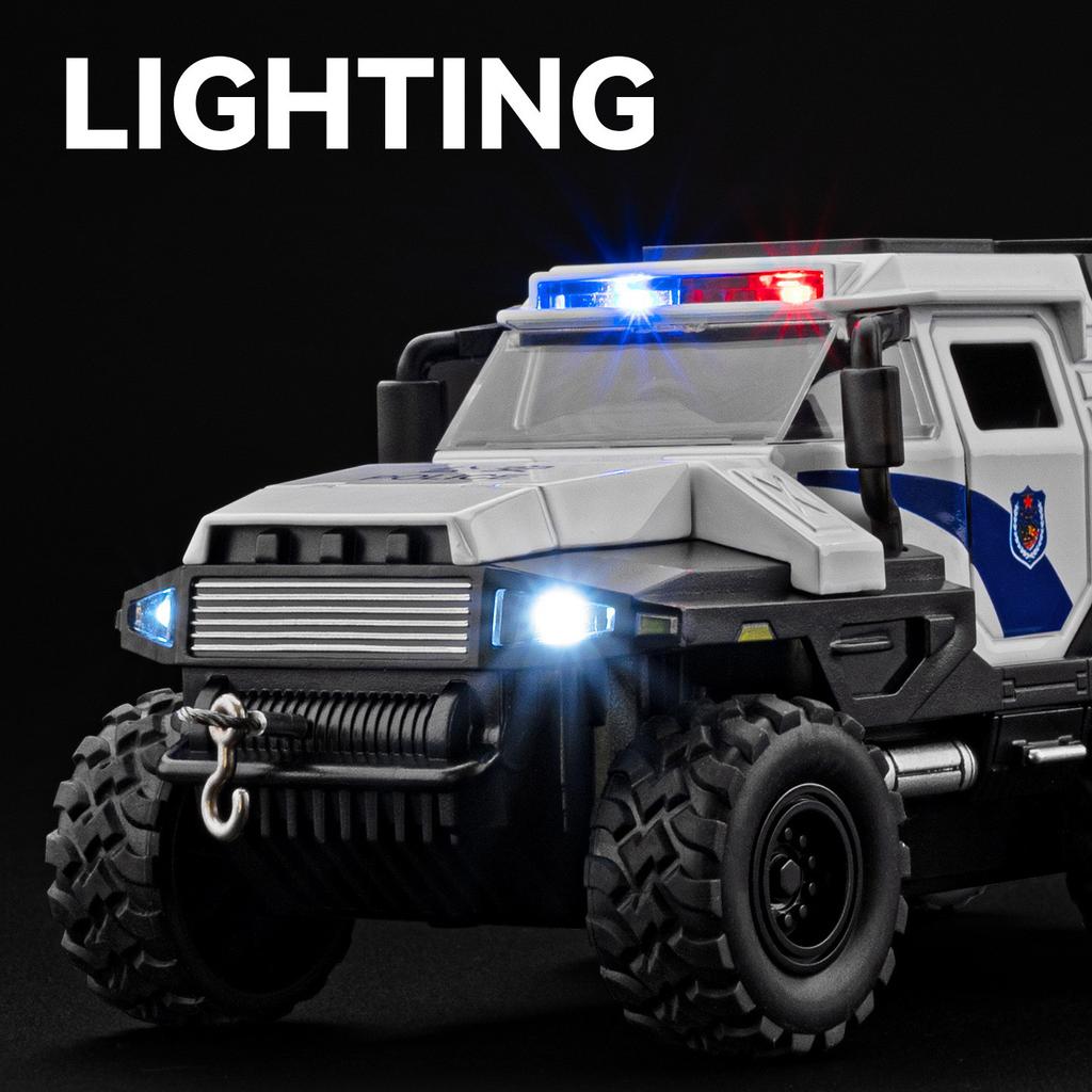 1:32 Conqueror Legierung Polizei Explosionsgeschützte Fahrzeuge Diecast Metall Geländepanzer Fahrzeugmodell Sound Licht Kinderspielzeug Geschenk