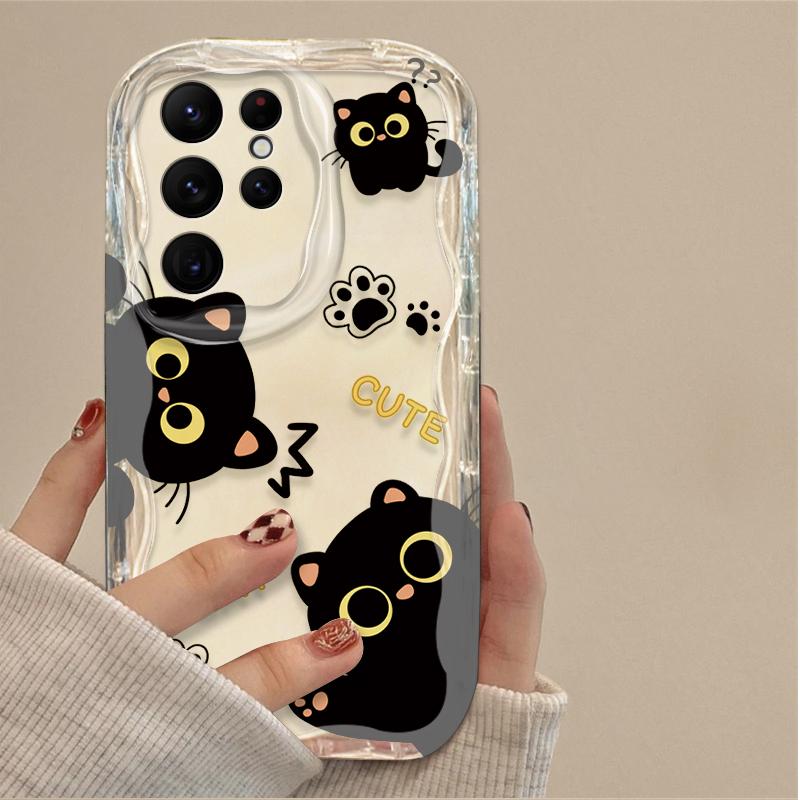 Cartoon Big Eyes Black Cat Case for Samsung Galaxy S25 S24 Ultra S23 S22 S21 S20 Plus FE A56 A36 A26 A17 A07 Soft Silicone Etui