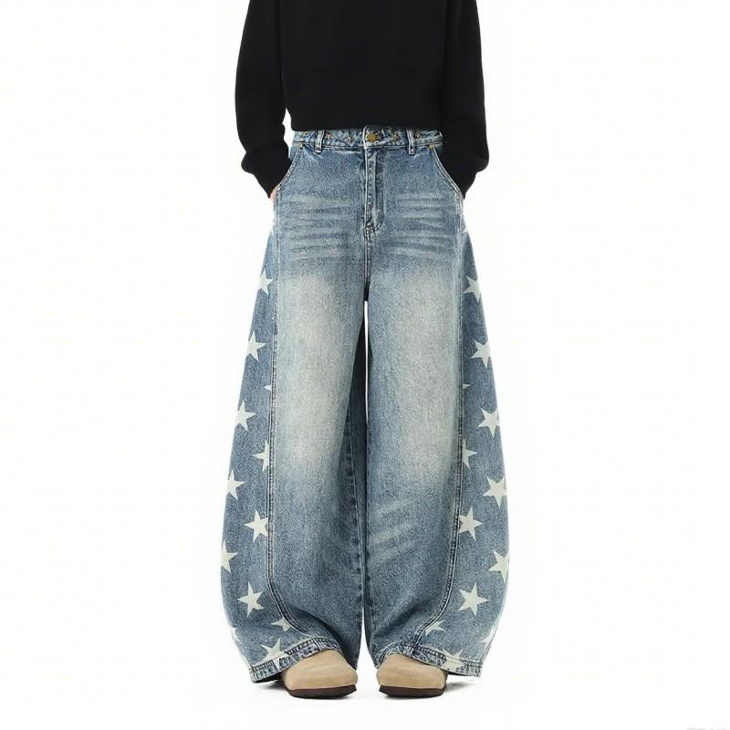 American Fashion Brand Five-star Printed Machete Jeans Women's Trend Oversize Loose Wide-leg Denim Pants