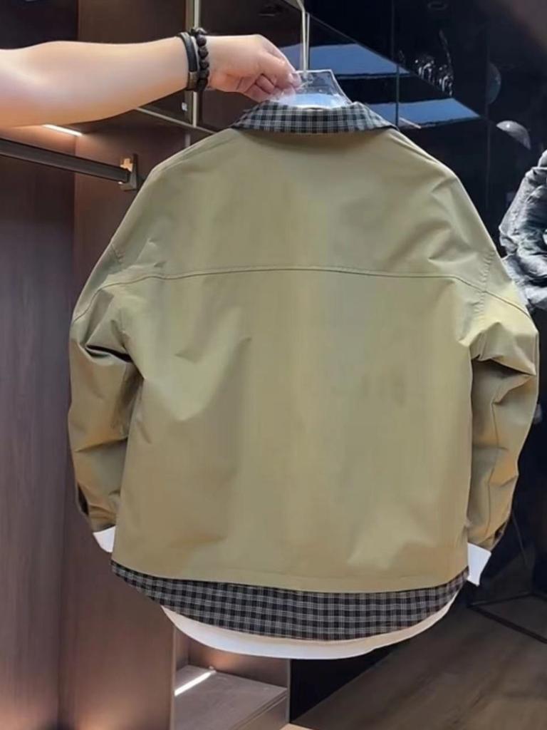 Fake Two-piece Tooling Lapel Plaid Collar Jacket Men's Autumn Korean Version Trendy Top Youth Ruffian Handsome Casual Jacket