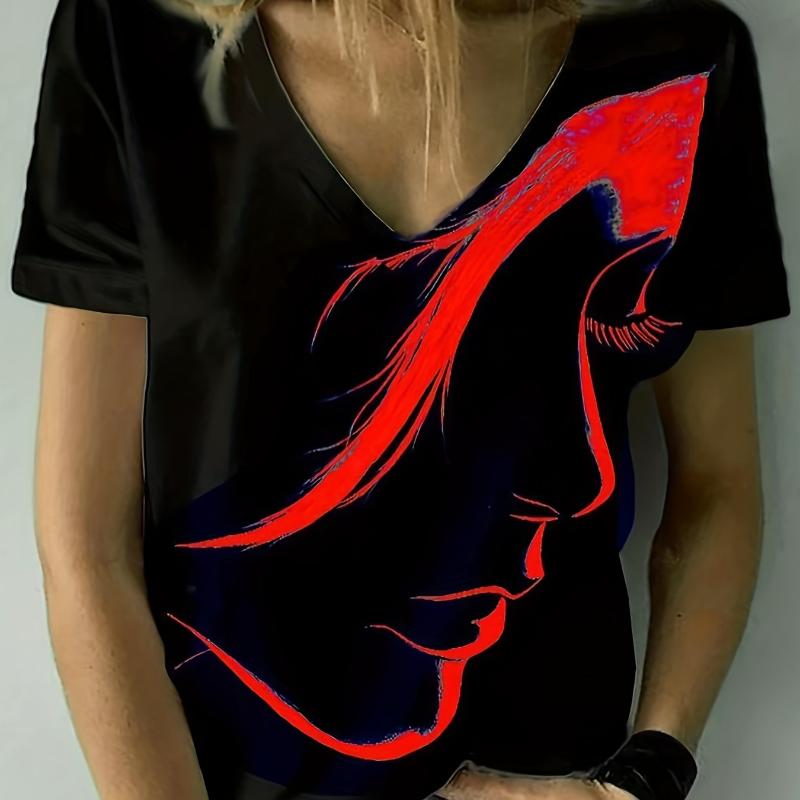 Figure Print V Neck T-Shirt, Casual Short Sleeve Top For Spring & Summer, Women's Clothing