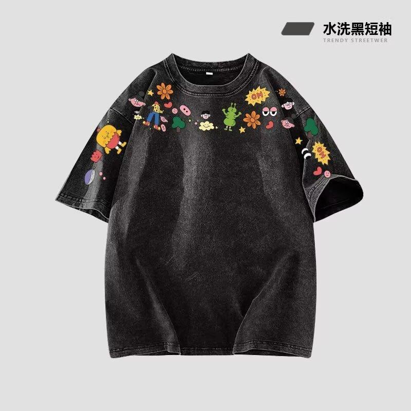 

Тяжеловесная летняя футболка с круглым вырезом и коротким рукавом, в национальном тренде, с оригинальным мультяшным принтом, универсальная, свободная, стройнящая, парная 5XL серый