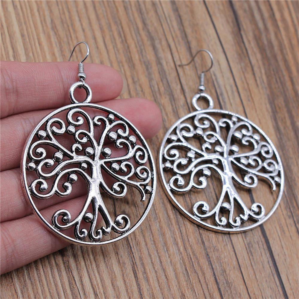 1 Pair Silver Plated Drop Earrings Women Hollow Out Tree Of Life Pattern Round Earring Moda Mujer Jewelry Fashion Pendientes