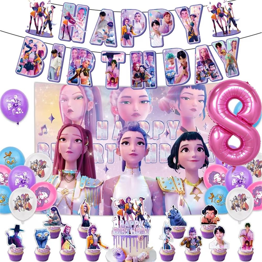 Kpop Demon Birth Date Celebration Decoration Hunter Group Birth Date Celebration Supplies Huntrix Kpop Anime Cake Topper Balloons Hanging Flag