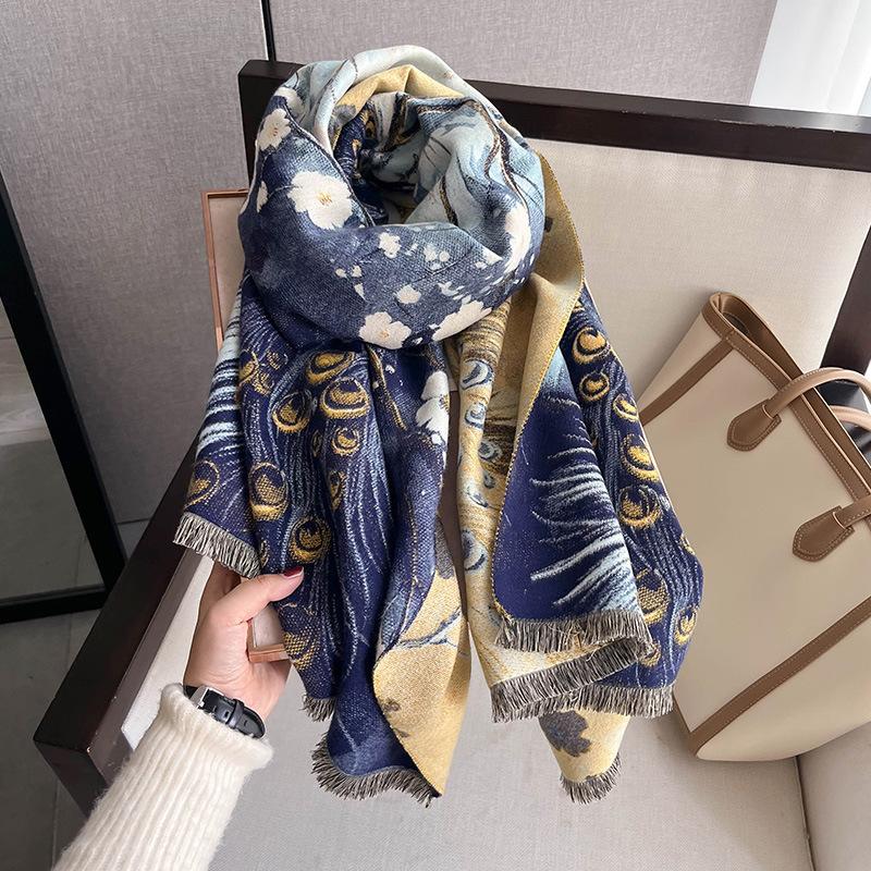 New Printed Double-sided Imitation Cashmere Thickened Scarf Women's Windproof and Cold-proof Dual-purpose Shawl Fashion