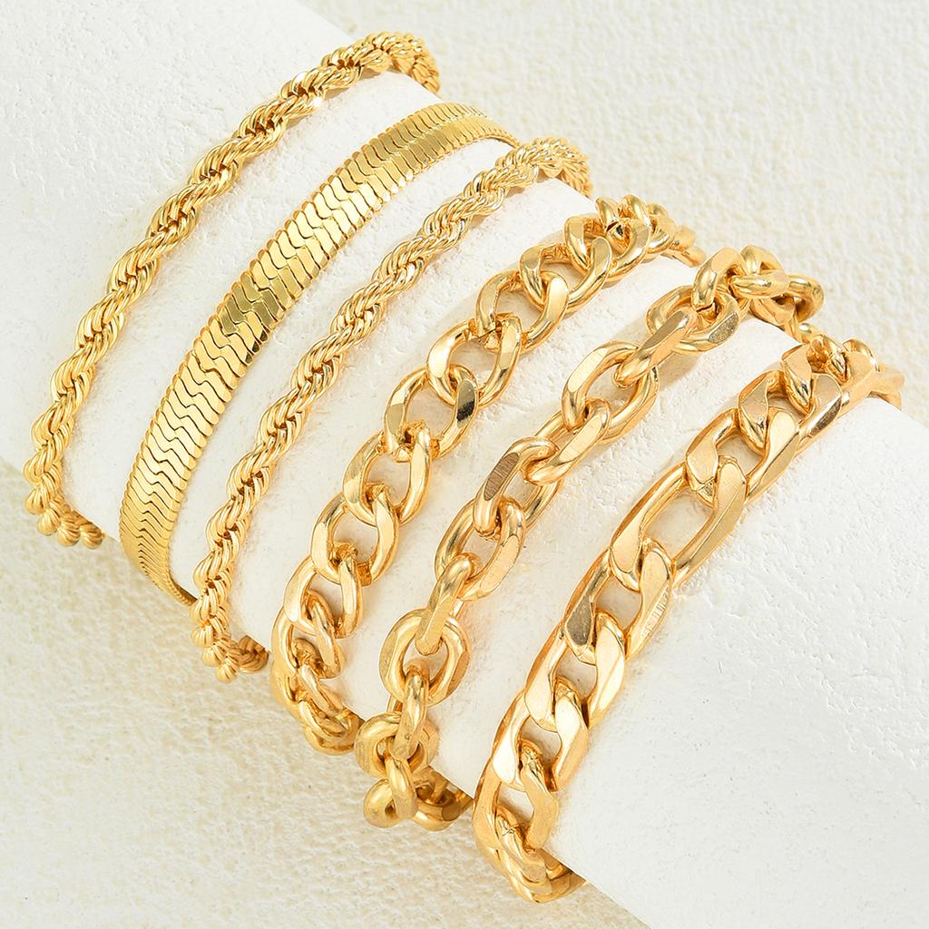 6pcs Simple Punk Gold Color Chain Bracelet Set Chunky Metal Link Chain Twisted Designs Multi Layered Bracelets For Women Jewelry