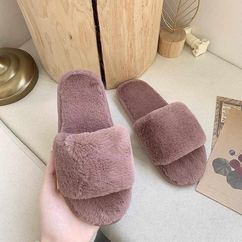 Cozy Plush Cotton Slippers for Women - Indoor Autumn/Winter Open Toe, One-Strap, Flat Bottom, Plus Size
