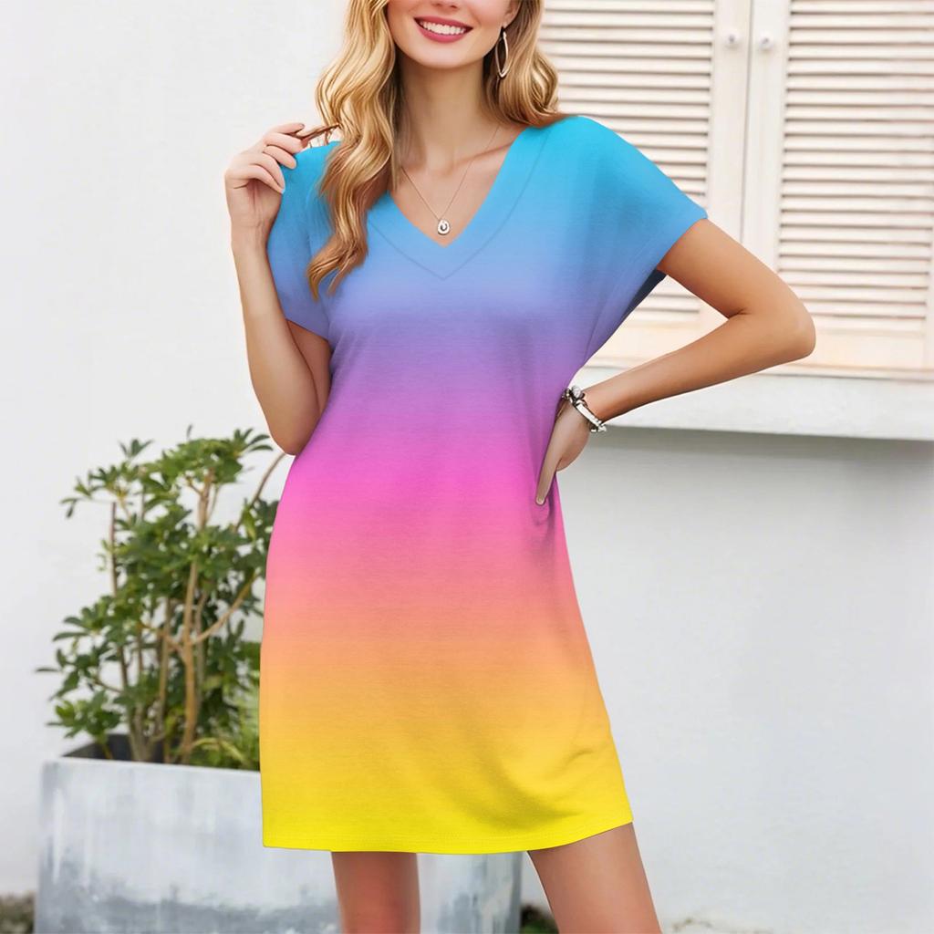 Women's Casual Fashion Sexy V-Neck Cap Sleeves Pocket Gradient Dress