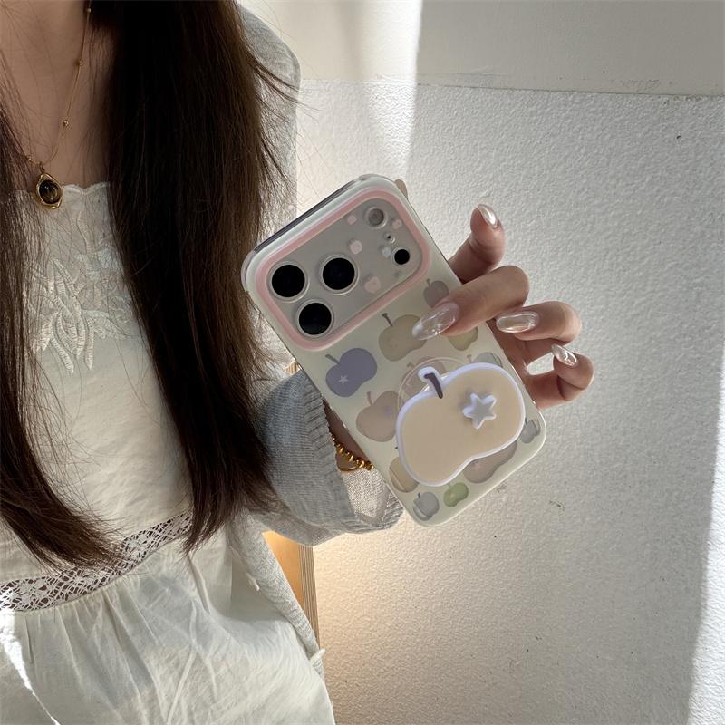 Cute Pastel Apple Print Phone Case For iPhone 17 16 15 14 Pro Max Kawaii Star Grip Stand Protective Cover for Girls