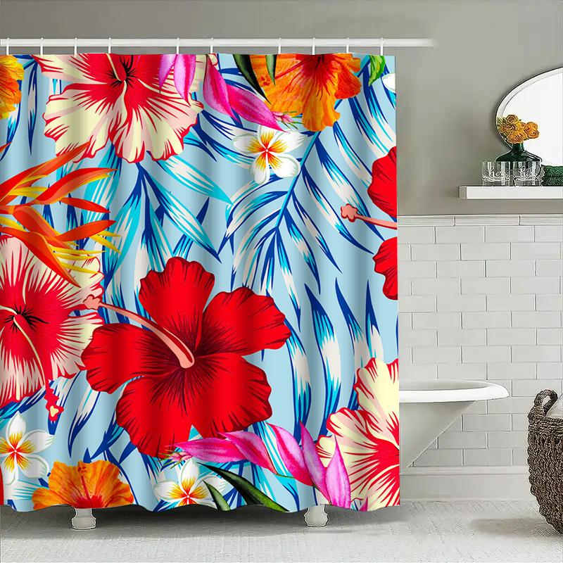Bright Tropical Flower Shower Curtain Set Decorate Your Bathroom With This Vibrant Floral Print (Red/Orange Color) Waterproof Fa