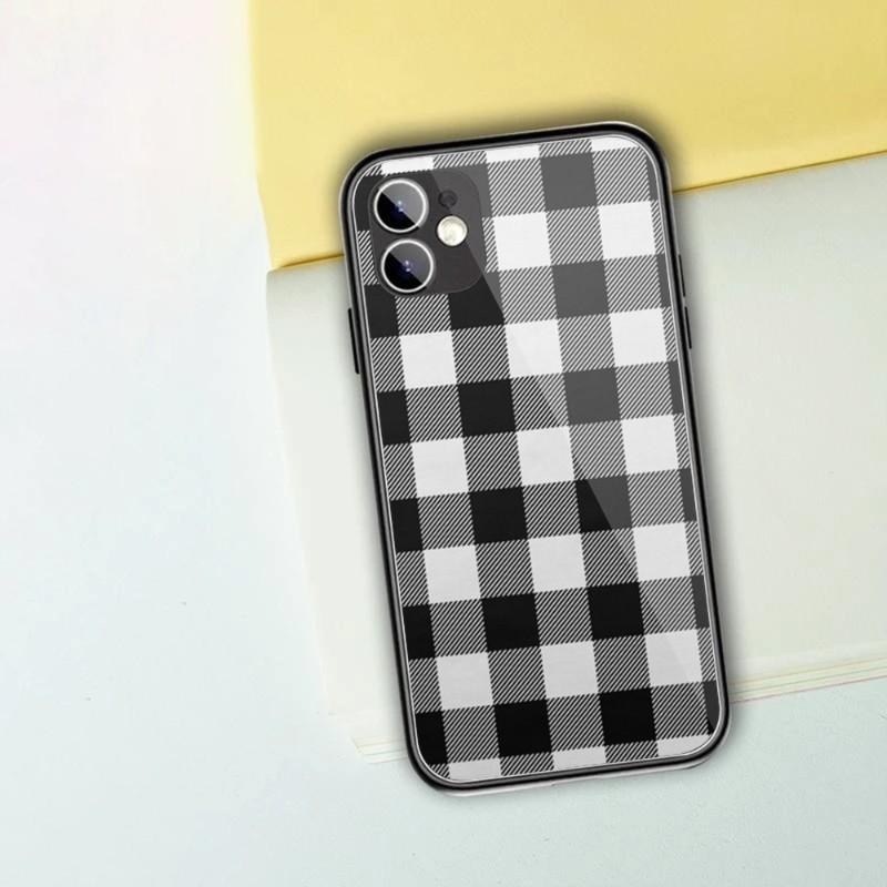Black White Checkered Phone Case For IPhone 13 12 11 XS X 8 7 6 Plus Mini Pro Max SE 2022 Black PC TPU Glass Phone Cover