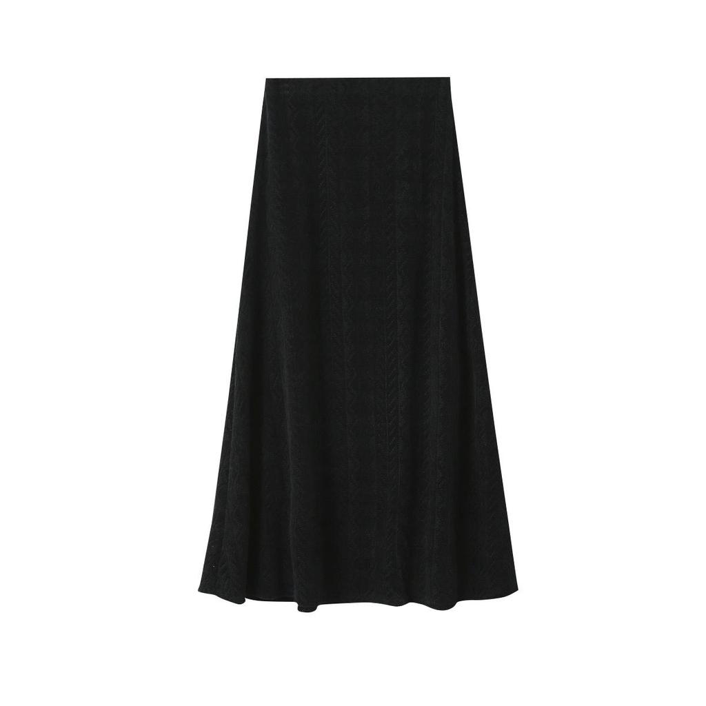 Koreanischer Stil Schwarzer texturierter High-Waist figurbetonter A-Linien-Strick-Midirock für Damen