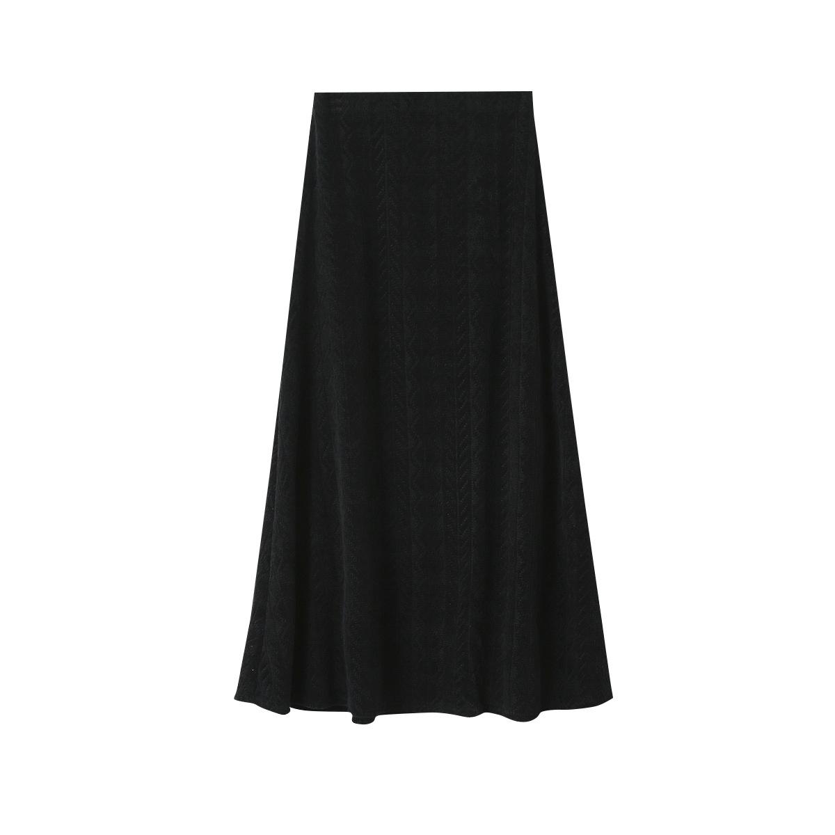 Korean Style Black Textured High-Waisted Slimming A-Line Knit Midi Skirt for Women Medium