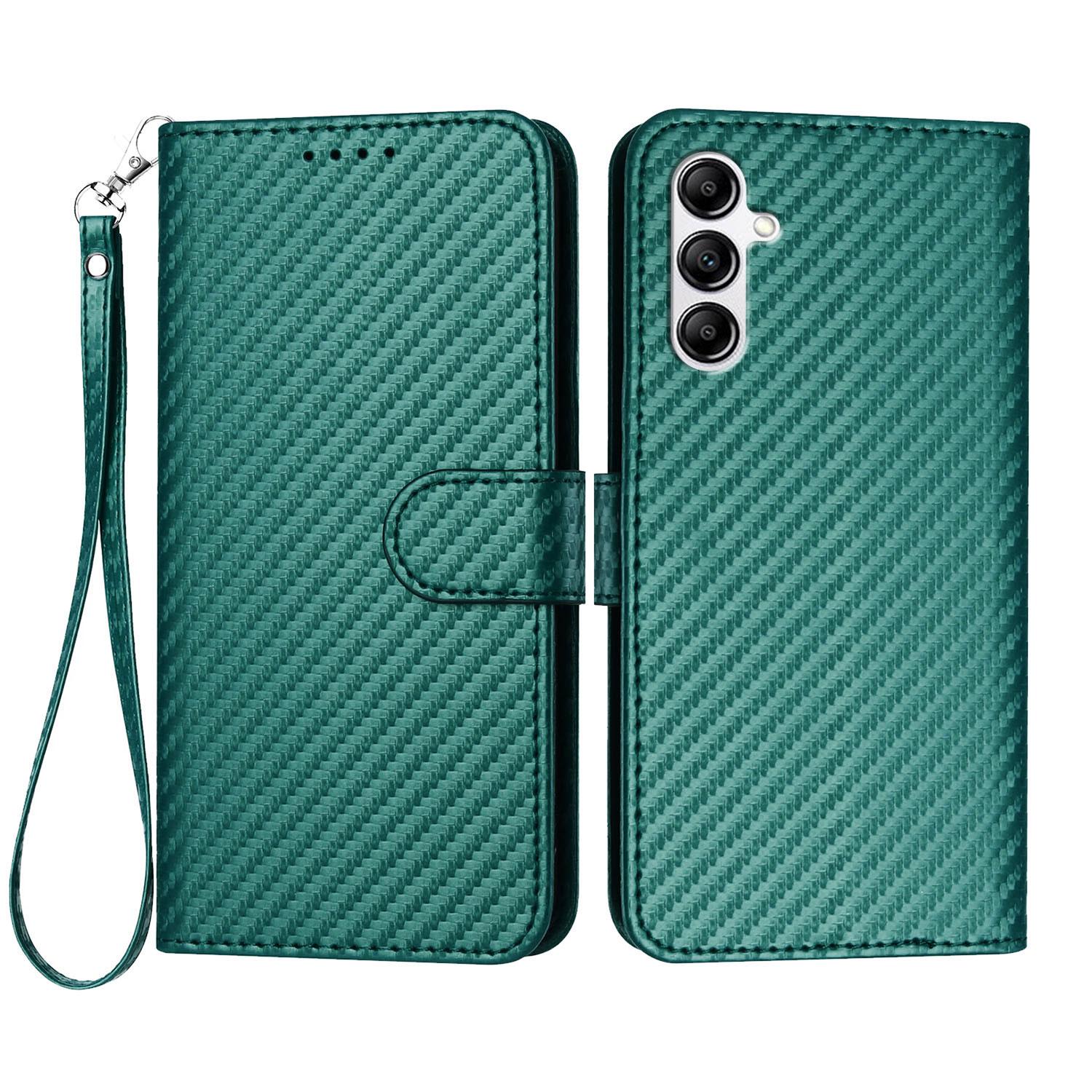 

For Samsung Galaxy A14 4G/Galaxy A14 5G Wallet Case with Strap Carbon Fiber Texture Leather Mobile Cover Blackish Green