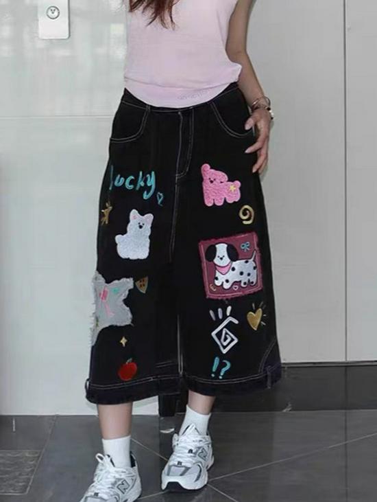 Autumn 2025 Children's Cartoon Puppy Denim Shorts - Yamen Girl's Versatile Cropped Pants