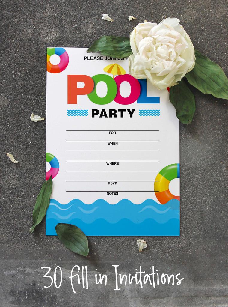 Inkdotpot Pack Of 30 Pool Party Invitations, Birthday Party Invites With Envelopes, Kids/Adult Pool Party Fill-In Style 5 X 7 Inches