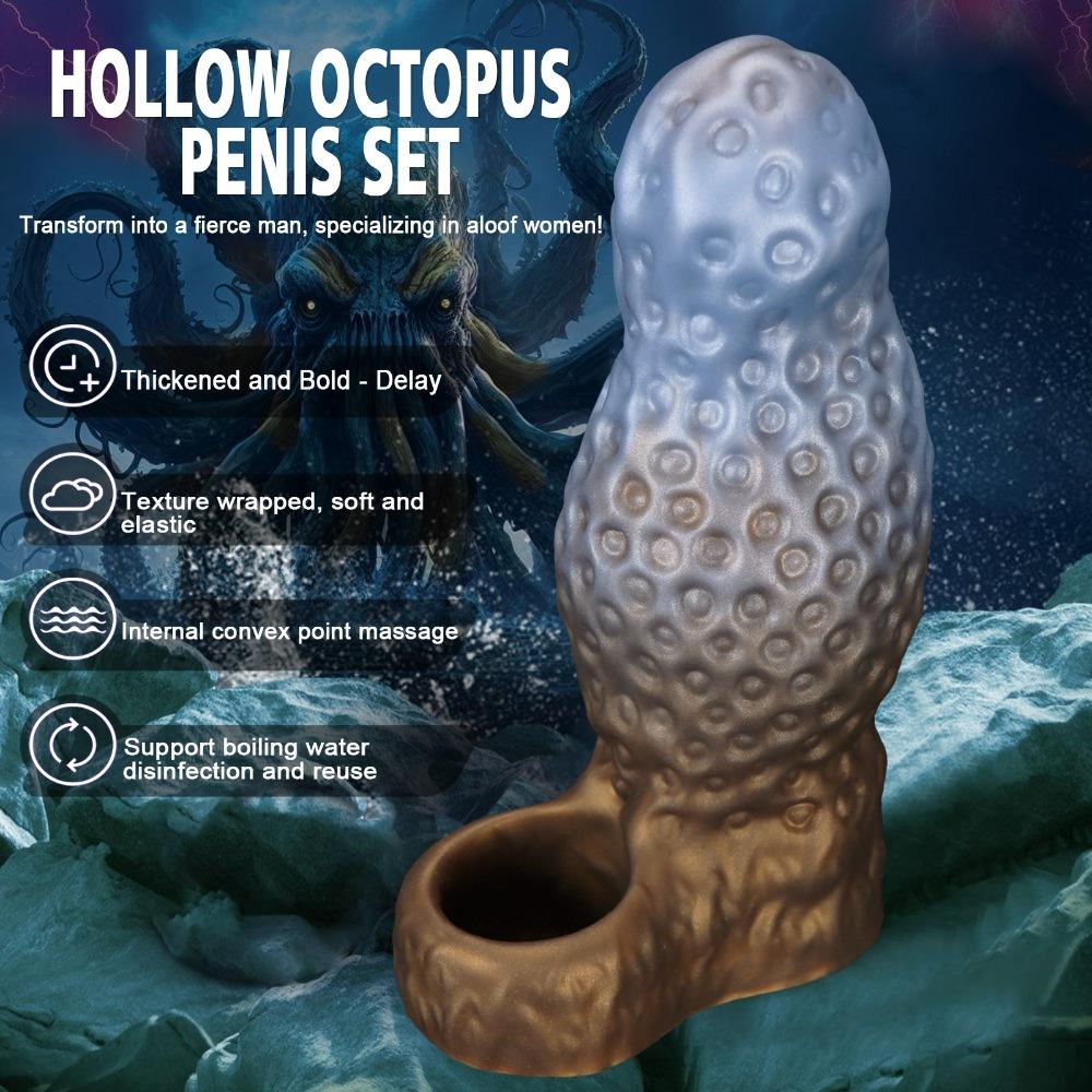 Liquid Silicone Penis Sleeve Thicker Longer Hollow Realistic Dildo Sleeve with Built-in Particles Massage Male Adult Sex Toy