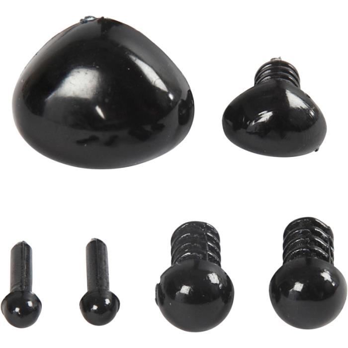 Assortiment yeux et nez - Noir - 60 pcs - 3 à 14 mm - Pour créations en pâte à modeler - Enfants