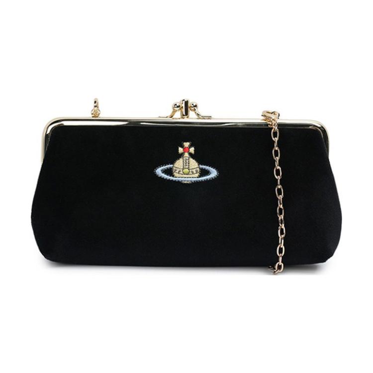 Vivienne Westwood Double Frame Chain Planet Logo Kiss Lock Shoulder Crossbody Wallet Women wallet Black 5A010004WW00ZLBLACK Basic Set (Bag)