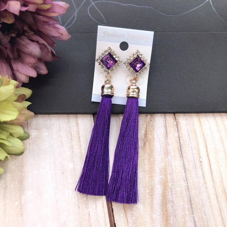 Retro flower gemstone with diamond fringed stud earrings long celebrity temperament earrings women's versatile earrings