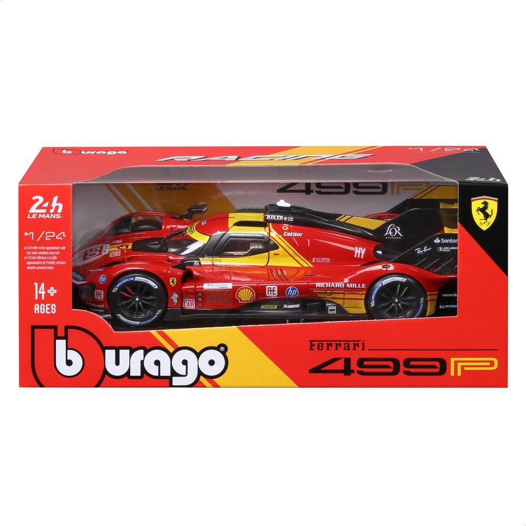 Bburago 2024 Model 1/24 Scale Ferrari 499P 3.0L Turbo V6 Team Ferrari AF Corse #50 2024 Le Mans 24 Hours Winner Red / Diecast Model Car 18-26312